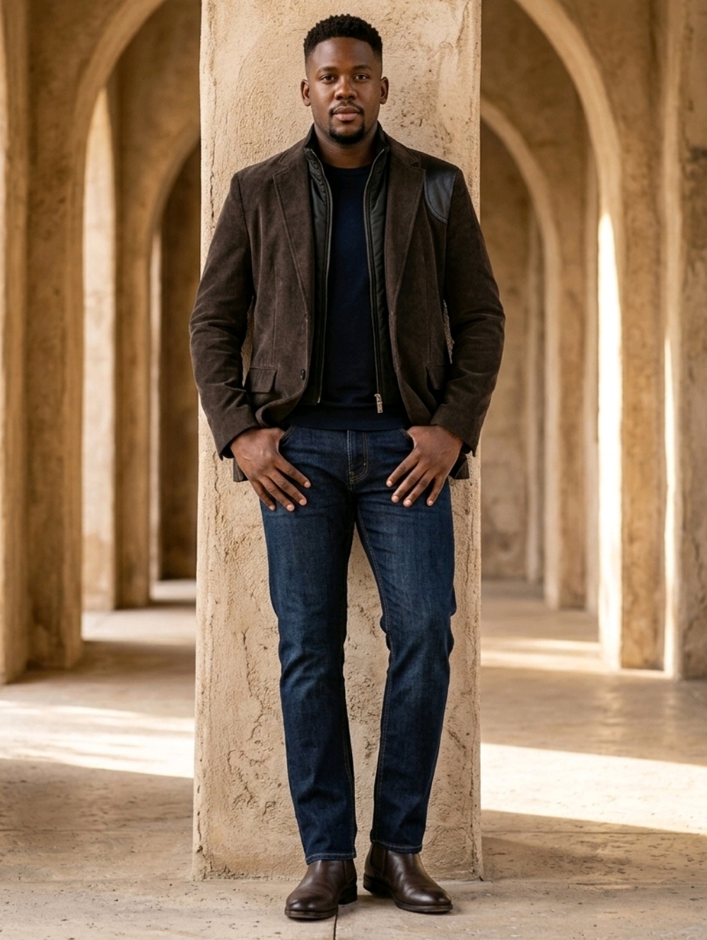 Dirk Bikkembergs  Brown Corduroy Blazer with Black Leather  Accents